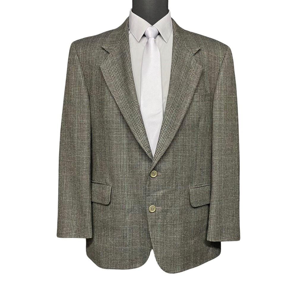 VTG Oscar de la Renta Sport Coat Men 44R Gray Green Glen Plaid 2 Button Blazer